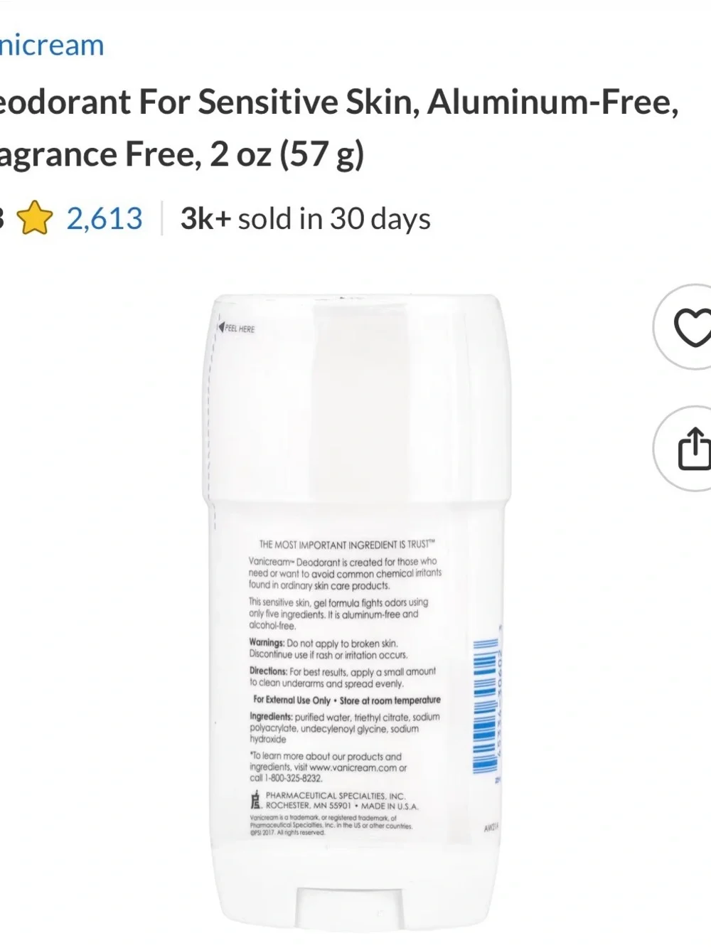 Vanicream Aluminum-Free Deodorant - White. Selling 1 unit of Qty 12 total